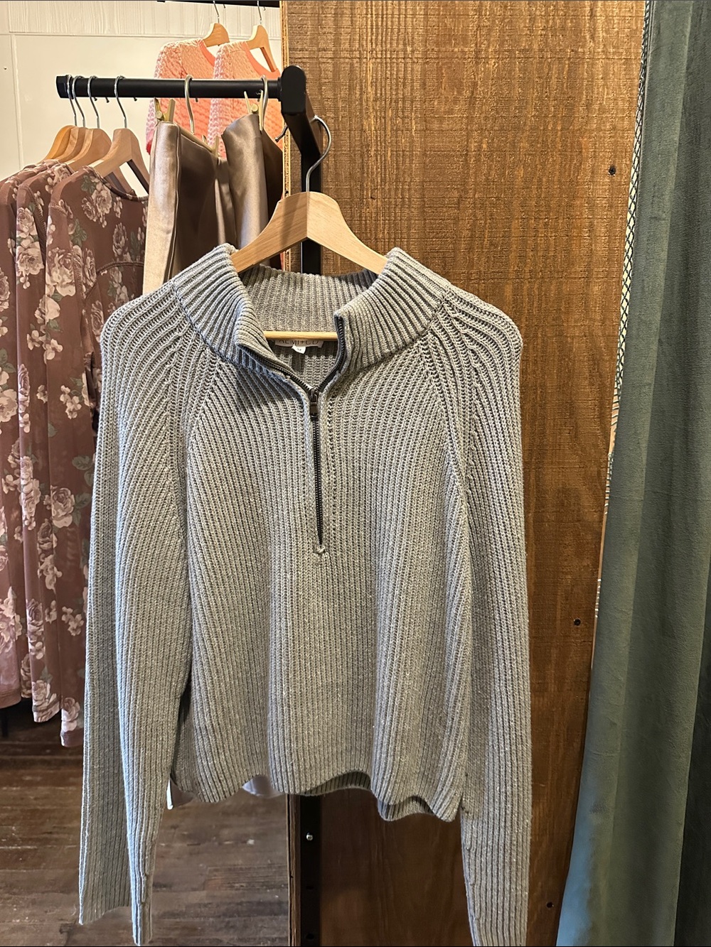 Women's Light Gray Ribbed Half-Zip Turtleneck Sweater